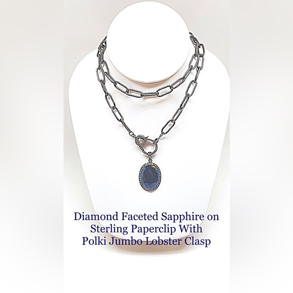 Diamond Sapphire Pendant on 36” Oxidized Sterling Paperclip Chain Diamond Clasp - Picture 1 of 10